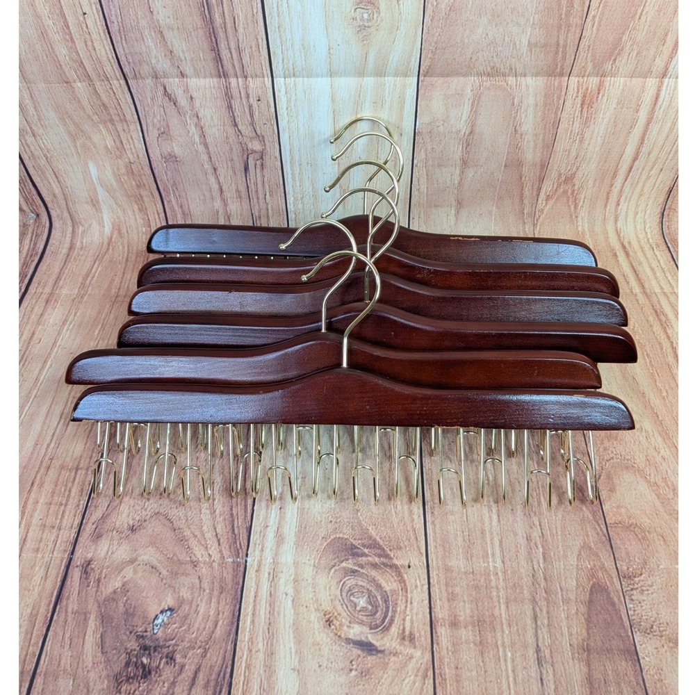 6 Wooden Belt Hangers for Closet with Gold 12 Hooks Closet Organizer